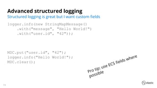 19
Advanced structured logging
logger.info(new StringMapMessage()
.with("message", "Hello World!")
.with("user.id", "42"));
MDC.put("user.id", "42");
logger.info("Hello World!");
MDC.clear();
Structured logging is great but I want custom ﬁelds
Pro tip: use ECS ﬁelds where
possible
 