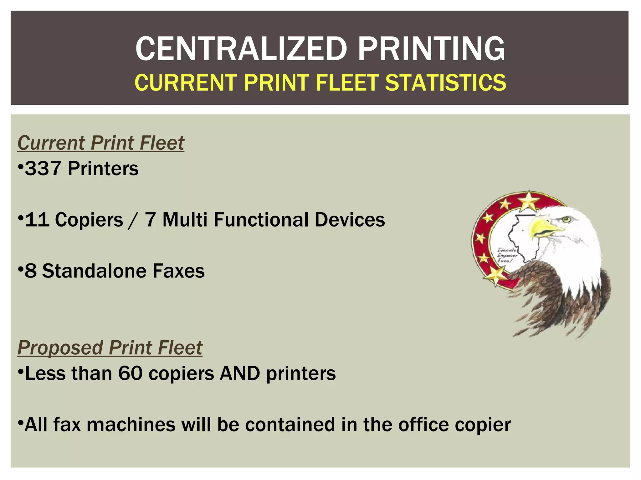 CENTRALIZED PRINTING CURRENT PRINT FLEET STATISTICS Current Print Fleet 337 Printers 11 Copiers / 7 Multi Functional Devices 8 Standalone Faxes Proposed Print Fleet Less than 60 copiers AND printers All fax machines will be contained in the office copier 