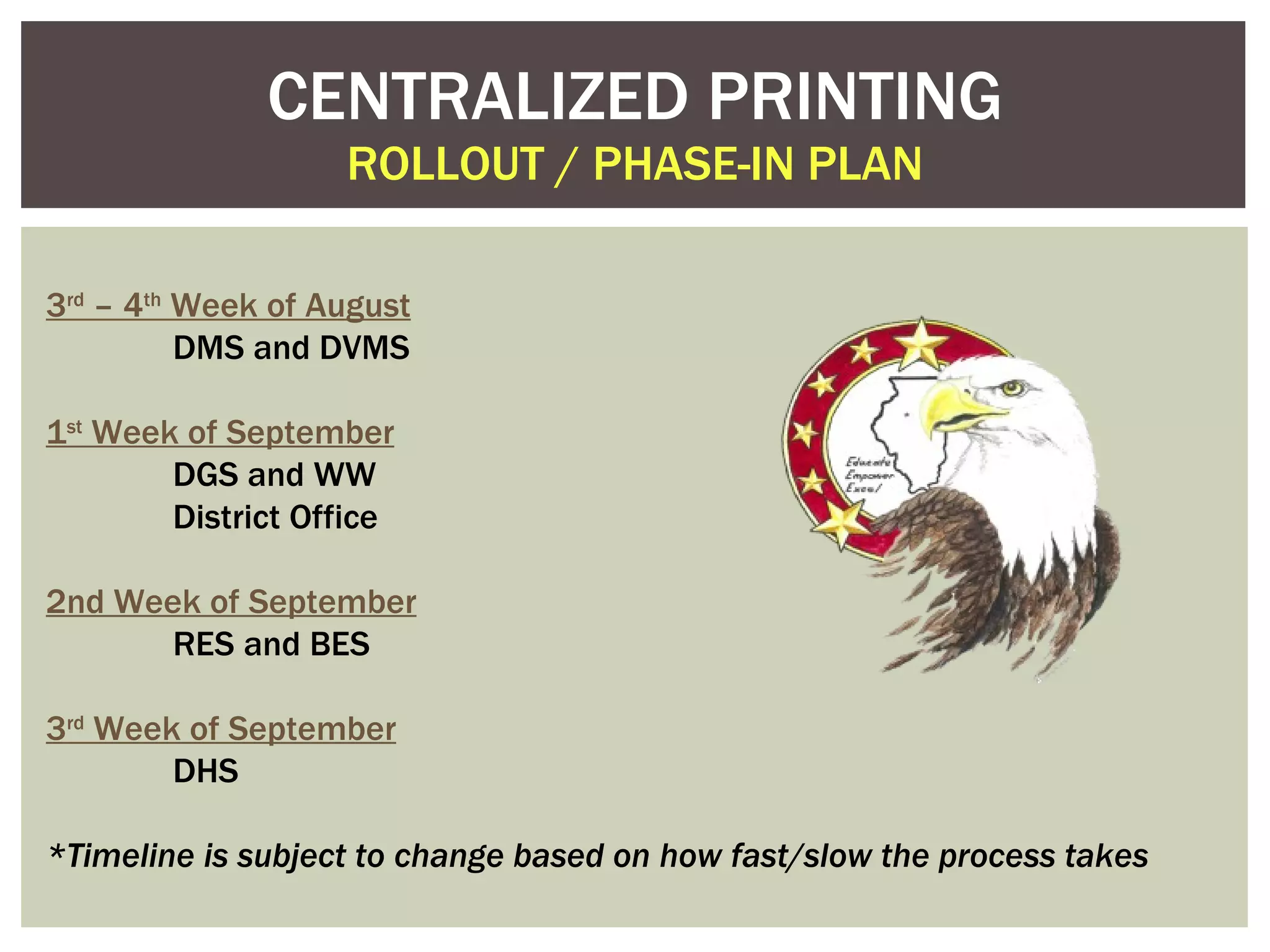 CENTRALIZED PRINTING ROLLOUT / PHASE-IN PLAN 3 rd  – 4 th  Week of August DMS and DVMS 1 st  Week of September DGS and WW District Office 2nd Week of September RES and BES 3 rd  Week of September DHS *Timeline is subject to change based on how fast/slow the process takes 