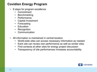 13 |
Covidien Energy Program
• 8 steps for program excellence
• Commitment
• Benchmarking
• Performance
• Capital Investment
• Forecasting
• Education
• Recognition
• Communication
• All information is maintained in central location
• World-wide sites can access necessary information as needed
• Each site can review own performance as well as similar sites
• Find contacts at other sites for energy project discussion
• Transparency of site performances increases accountability
 
