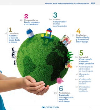 Memoria Anual de Responsabilidad Social Corporativa. 2013 
9 
4Empleados. 
Desarrollando 
y formando al 
mejor equipo 
72 
3 
Aliados. 
Compartiendo 
nuevas 
oportunidades 
60 
6Accionistas. 
Trabajando 
por un proyecto 
sostenible 
en el tiempo 
134 
2Consumidores. 
Dando respuesta 
a tus demandas 
40 
1Ganaderos. 
Mimando 
la materia 
prima desde 
el origen 
28 
5Sociedad. 
Construyendo 
un mundo 
mejor para todos 
Contribuyendo 
al desarrollo 
de nuestro país 
Generando 
salud 
Colaborando 
en proyectos 
sociales 
Preservando 
el medio 
ambiente 
90 
92 
96 
106 
116 
 