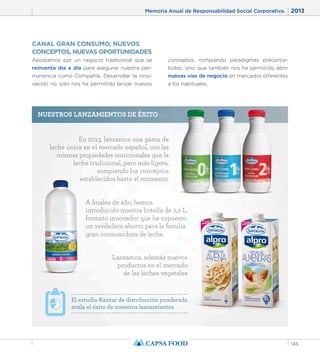 Memoria Anual de Responsabilidad Social Corporativa. 2013 
145 
CANAL GRAN CONSUMO, NUEVOS 
CONCEPTOS, NUEVAS OPORTUNIDADES 
Apostamos por un negocio tradicional que se 
reinventa día a día para asegurar nuestra per-manencia 
como Compañía. Desarrollar la inno-vación 
no solo nos ha permitido lanzar nuevos 
conceptos, rompiendo paradigmas preconce-bidos; 
sino que también nos ha permitido abrir 
nuevas vías de negocio en mercados diferentes 
a los habituales. 
NUESTROS LANZAMIENTOS DE ÉXITO 
En 2013, lanzamos una gama de 
leche única en el mercado español, con las 
mismas propiedades nutricionales que la 
leche tradicional, pero más ligera, 
rompiendo los conceptos 
establecidos hasta el momento. 
A finales de año, hemos 
introducido nuestra botella de 2,2 L, 
formato innovador que ha supuesto 
un verdadero ahorro para la familia 
gran consumidora de leche. 
Lanzamos, además nuevos 
productos en el mercado 
de las leches vegetales 
El estudio Kantar de distribución ponderada 
avala el éxito de nuestros lanzamientos 
 