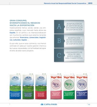 Memoria Anual de Responsabilidad Social Corporativa. 2013 
151 
GRAN CONSUMO, 
DIVERSIFICANDO EL NEGOCIO 
HACÍA LA EXPORTACIÓN 
Históricamente hemos venido siendo una em-presa 
española, cuyo mercado hasta ahora era 
España. En el camino a la internacionalización 
son muchos los cambios que estamos teniendo 
que afrontar: financieros, comerciales, lingüísti-cos, 
culturales, legales, …. 
Es por ello, que en este comienzo, nos hemos 
centrado en adecuar nuestra gestión interna a 
las nuevas necesidades con la finalidad de lograr 
el éxito de este nuevo proyecto. 
ADAPTACIÓN DE 
LA GESTIÓN DE LA 
DOCUMENTACIÓN 
DE EXPORTACIÓN 
ADAPTACIÓN 
DE PACKAGING A 
LAS NECESIDADES 
DE EXPORTACIÓN 
LANZAMIENTO DE 
VEGA DE ORO, 
NUEVA MARCA 
MÁS COMPETITIVA 
A 
B 
C 
 