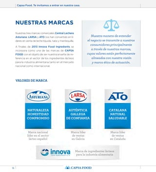 Capsa Food. Te invitamos a entrar en nuestra casa. 
16 
NATURALEZA 
HONESTIDAD 
COMPROMISO 
Marca nacional 
líder en el sector 
lácteo español 
CATALANA 
NATURAL 
SALUDABLE 
Marca líder 
de ventas 
en Cataluña 
AUTÉNTICA 
GALLEGA 
DE CONFIANZA 
Marca líder 
de ventas 
en Galicia 
Marca de ingredientes lácteos 
para la industria alimentaria 
NUESTRAS MARCAS 
Nuestras tres marcas comerciales Central Lechera 
Asturiana, LARSA y ATO nos han convertido en lí-deres 
en venta de leche líquida, nata y mantequilla. 
A finales de 2013 Innova Food Ingredients se 
incorpora como una de las marcas de CAPSA 
FOOD con el objeto de ser nuestra enseña de re-ferencia 
en el sector de los ingredientes lácteos 
para la industria alimentaria tanto en el mercado 
nacional como internacional. 
VALORES DE MARCA 
Nuestra manera de entender 
el negocio se transmite a nuestros 
consumidores principalmente 
a través de nuestras marcas, 
cuyos valores están perfectamente 
alineados con nuestra visión 
y marco ético de actuación. 
 