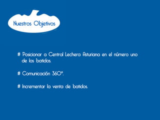 Nuestros Objetivos



 # Posicionar a Central Lechera Asturiana en el número uno
   de los batidos.

 # Comunicación 360º.

 # Incrementar la venta de batidos.
 