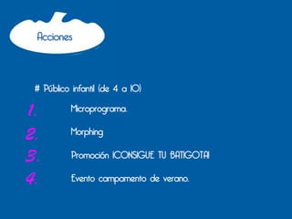 Acciones



 # Público infantil (de 4 a 10)

1.         Microprograma.

           Morphing
2.
3.         Promoción ¡CONSIGUE TU BATIGOTA!

4.         Evento campamento de verano.
 
