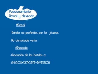 Posicionamiento
Actual y deseado

     #Actual

 -Batidos no preferidos por los jóvenes.

 -No demasiada venta.

    #Deseado

-Asociación de los batidos a:

-AMIGOS+DEPORTE+DIVERSIÓN
 