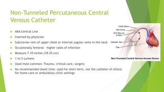 Non-Tunneled Percutaneous Central 
Venous Catheter 
 AKA Central Line 
 Inserted by physician 
 Subclavian vein of upper chest or internal jugular veins in the neck 
 Occasionally femoral – higher rates of infection 
 Measure 7-10 inches (18-25 cm) 
 1 to 5 Lumens 
 Used most common: Trauma, critical care, surgery 
 No recommended dwell time: used for short term, not the catheter of choice 
for home care or ambulatory clinic settings 
 