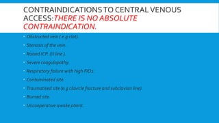 CONTRAINDICATIONSTO CENTRALVENOUS
ACCESS:THERE IS NO ABSOLUTE
CONTRAINDICATION.
 Obstructed vein ( e.g clot).
 Stenosis of the vein.
 Raised ICP. (IJ line ).
 Severe coagulopathy.
 Respiratory failure with high FiO2.
 Contaminated site.
 Traumatised site (e.g clavicle fracture and subclavian line).
 Burned site.
 Uncooperative awake ptient.
 