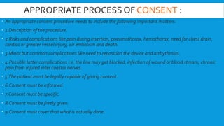 APPROPRIATE PROCESS OF CONSENT :
 An appropriate consent procedure needs to include the following important matters:
 1.Description of the procedure.
 2.Risks and complications like pain during insertion, pneumothorax, hemothorax, need for chest drain,
cardiac or greater vessel injury, air embolism and death.
 3.Minor but common complications like need to reposition the device and arrhythmias.
 4.Possible latter complications i.e, the line may get blocked, infection of wound or blood stream, chronic
pain from injured inter coastal nerves.
 5.The patient must be legally capable of giving consent.
 6.Consent must be informed.
 7.Consent must be specific.
 8.Consent must be freely given.
 9.Consent must cover that what is actually done.
 