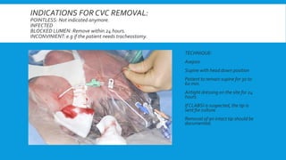 INDICATIONS FOR CVC REMOVAL:
POINTLESS: Not indicated anymore.
INFECTED
BLOCKED LUMEN: Remove within 24 hours.
INCONVINIENT: e.g if the patient needs tracheostomy.
TECHNIQUE:
Asepsis
Supine with head down position
Patient to remain supine for 30 to
60 min.
Airtight dressing on the site for 24
hours.
If CLABSI is suspected, the tip is
sent for culture.
Removal of an intact tip should be
documented.
 