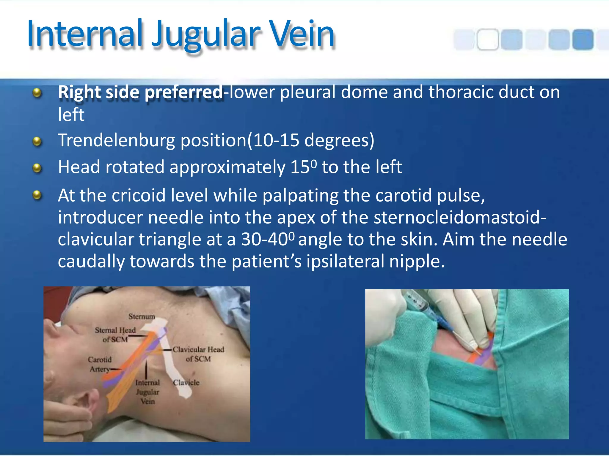 Internal Jugular Vein
Right side preferred-lower pleural dome and thoracic duct on
left
Trendelenburg position(10-15 degrees)
Head rotated approximately 150 to the left
At the cricoid level while palpating the carotid pulse,
introducer needle into the apex of the sternocleidomastoid-
clavicular triangle at a 30-400 angle to the skin. Aim the needle
caudally towards the patient’s ipsilateral nipple.
 