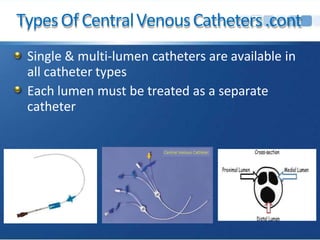 TypesOfCentralVenousCatheters.cont
Single & multi-lumen catheters are available in
all catheter types
Each lumen must be treated as a separate
catheter
 
