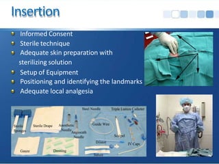 Insertion
Informed Consent
Sterile technique
Adequate skin preparation with
sterilizing solution
Setup of Equipment
Positioning and identifying the landmarks
Adequate local analgesia
 