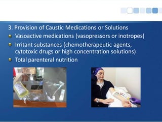 3. Provision of Caustic Medications or Solutions
Vasoactive medications (vasopressors or inotropes)
Irritant substances (chemotherapeutic agents,
cytotoxic drugs or high concentration solutions)
Total parenteral nutrition
 