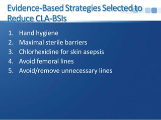 Evidence-BasedStrategiesSelectedto
Reduce CLA-BSIs
1. Hand hygiene
2. Maximal sterile barriers
3. Chlorhexidine for skin asepsis
4. Avoid femoral lines
5. Avoid/remove unnecessary lines
 
