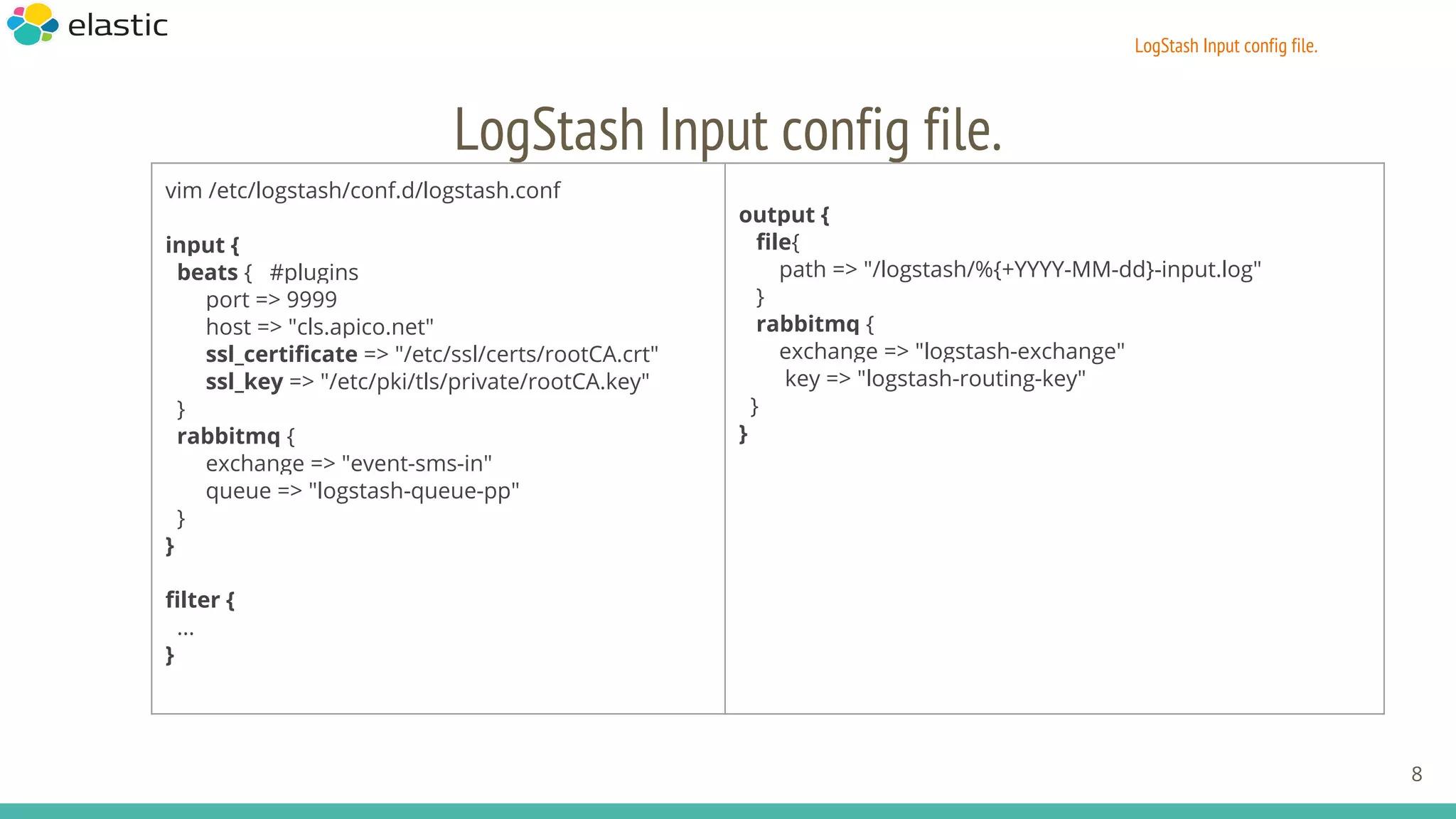 LogStash Input config file.
LogStash Input config file.
8
vim /etc/logstash/conf.d/logstash.conf
input {
beats { #plugins
port => 9999
host => "cls.apico.net"
ssl_certificate => "/etc/ssl/certs/rootCA.crt"
ssl_key => "/etc/pki/tls/private/rootCA.key"
}
rabbitmq {
exchange => "event-sms-in"
queue => "logstash-queue-pp"
}
}
filter {
...
}
output {
file{
path => "/logstash/%{+YYYY-MM-dd}-input.log"
}
rabbitmq {
exchange => "logstash-exchange"
key => "logstash-routing-key"
}
}
 