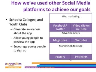 How we’ve used other Social Media platforms to achieve our goals Schools; Colleges; and Youth Clubs Generate awareness about the app Allow young people to preview the app Encourage young people to sign up 