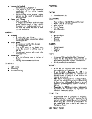  Longganisa Festival
- Celebrates every February 2
- The festival is part of the week-long
celebration of the city’s founding
anniversary.
- Highlight of the festival were the cooking
contest and the variety of preparations
for longganisa.
 Taong Putik Festival
- Held every June 24
- A religious event where town folks wear
vines, banana leaves or dried coconut
leaves on their mud-covered bodies as
St. John the Baptist was said to have
done in his lifetime.
CUISINES:
 Ar-arosip
- A traditional Ilocano delicacy
- It is a kind ofedible seaweed and is best
as an appetizer
 Itlog ti Aboos
- It is an exotic food found in Cuyapo
- It is an egg of red ants
- The farmer used to get these eggs
during the season of hatching eggs of
the ants
- Sometimes it is mixed with tomato to be
more delicious.
 Barbaradyut
- Is a kind of moss found in the farm of
Cuyapo
- Usually in moist rocks and on hills
ACTIVITIES:
 Sight-seeing
 Swimming
 Mountain climbing
PAMPANGA
CAPITAL:
 San Fernando City
GEOGRAPHY:
 Total land area of 2,062.47 square kilometers
 North: Tarlac & Nueva Ecija
 East: Bulacan
 South: Bataan
 West Zambales
PEOPLE:
 Kapampangan
 Tagalong
 Ilocano
 Bicolano
DIALECT:
 Kapampangan
 Tagalog
 English
FACTS:
 Known as “Culinary Capital of the Philippines”
 Porac has the largest land mass followed by
Florida Blanca and the smallest is San Antonio
 It is famous for Christmas lantern
HISTORY:
 It was the first province in the island of Luzon
inaugurated by the Spaniards.
 It was founded on December 11, 1571 in the
same year the city of Manila was established by
Miguel Lopez de Leagzpi as the seat of the
national government.
 1848 the old Pampanga towns of Aliaga, Cabiao,
Gapan, San Antonio and San Isidro were ceded
to the province of Nueva Ecija during the term of
Spanish governor-general Narciso Claviera y
Zaldua.
 November 11, 1849 Claviera issued a decree to
systematize the selection and registration of
names of the Filipino people.
ETYMOLOGY:
 Hispanicized form of pampang or pangpang,
kapampangan for “river bank” referring to the
densely populated area on the northern shores of
Manila Bay, the settlements of which stood on
the banks of the delta of what is now called the
Pampanga River.
HOW TO GET THERE
 