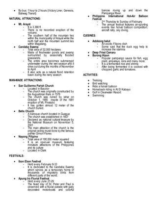  By bus: 1 hour to 2 hours (Victory Liner, Genesis,
Baliwag Transit)
NATURAL ATTRACTIONS:
 Mt. Arayat
- It is 3,366 ft
- There is no recorded eruption of the
volcano.
- The southern half of the mountain lies
within the municipality of Arayat while the
north half and the mountain summit lies
within Magalang.
 Candaba Swamp
- Total area of 32,000 hectares
- Made of freshwater ponds and swamp
surrounded by seasonally flooded
grasslands.
- The entire area becomes submerged
underwater during the wet season and it
dries outduring the months ofNovember
to April
- It also acts as a natural flood retention
basin during the rainy season
MAN-MADE ATTRACTIONS:
 San Guillermo Parish Church
- Located in Bacolor
- The church was originally constructed by
the Augustinian friars in 1576
- The church was ruined by lahar on
October 1, 1995 inspite of the 1991
eruption of Mt. Pinatubo
- It has gotten almost 12 meter of the
church buried.
 Betis Church
- A baroque church located in Guagua
- The church was established in 1607
- Declared as national cultural treasure by
the National Museum on November 5,
2001
- The main attraction of the church is the
original ceiling mural done by the famous
painter Simon Flores
 Nayong Pilipino
- Total area of 180,000 meter squared
- It is an open-air museum featuring
miniature attractions of the Philippines
and its culture
- Located in Clark
FESTIVALS:
 Ibon Ebon Festival
- Held every February 8-10
- It is dedicated to the Candaba Swamp
which serves as a temporary home of
thousands of migratory birds from
different parts of the world.
 Apung Iro Fluvial Festival
- Held every June 27-29
- The feast day of St. Peter and Paul is
observed with a fluvial parade with gaily
decorated motorboats and colorful
bancas roving up and down the
Pampanga River.
 Philippine International Hot-Air Balloon
Festival
- 2nd Thursday to Sunday of February
- The annual festival features air-sporting
events like hot-air balloon competition,
aircraft rally, sky diving.
CUISINES:
 Adobong balut
- An exotic Filipino dish
- Some said that the duck egg help to
increase the stamina
 Deep Fried Camaru
 Burong Hipon
- Popular pampango sauce for fish, egg
plant, ampalaya, okra and many more.
- It is a fermented rice and shrimp
- After being fermented it is cooked with
chopped garlic and tomatoes.
ACTIVITIES:
 Trekking
 Bird watching
 Ride a hot-air balloon
 Horseback riding in At El Kabayo
 Golf in Clearwater Resort
 Swimming
 