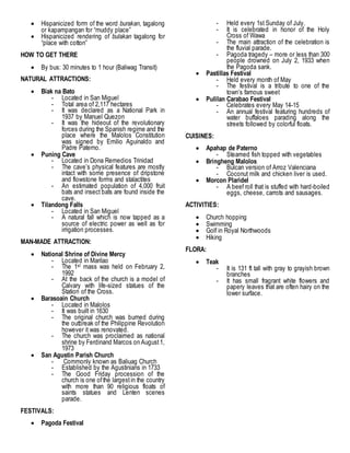  Hispanicized form of the word burakan, tagalong
or kapampangan for “muddy place”
 Hispanicized rendering of bulakan tagalong for
“place with cotton”
HOW TO GET THERE
 By bus: 30 minutes to 1 hour (Baliwag Transit)
NATURAL ATTRACTIONS:
 Biak na Bato
- Located in San Miguel
- Total area of 2,117 hectares
- It was declared as a National Park in
1937 by Manuel Quezon
- It was the hideout of the revolutionary
forces during the Spanish regime and the
place where the Malolos Constitution
was signed by Emilio Aguinaldo and
Padre Paterno.
 Puning Cave
- Located in Dona Remedios Trinidad
- The cave’s physical features are mostly
intact with some presence of dripstone
and flowstone forms and stalactites
- An estimated population of 4,000 fruit
bats and insect bats are found inside the
cave.
 Tilandong Falls
- Located in San Miguel
- A natural fall which is now tapped as a
source of electric power as well as for
irrigation processes.
MAN-MADE ATTRACTION:
 National Shrine of Divine Mercy
- Located in Marilao
- The 1st mass was held on February 2,
1992
- At the back of the church is a model of
Calvary with life-sized statues of the
Station of the Cross.
 Barasoain Church
- Located in Malolos
- It was built in 1630
- The original church was burned during
the outbreak of the Philippine Revolution
however it was renovated.
- The church was proclaimed as national
shrine by Ferdinand Marcos on August1,
1973
 San Agustin Parish Church
- Commonly known as Baliuag Church
- Established by the Agustinians in 1733
- The Good Friday procession of the
church is one ofthe largestin the country
with more than 90 religious floats of
saints statues and Lenten scenes
parade.
FESTIVALS:
 Pagoda Festival
- Held every 1st Sunday of July.
- It is celebrated in honor of the Holy
Cross of Wawa
- The main attraction of the celebration is
the fluvial parade.
- Pagoda tragedy – more or less than 300
people drowned on July 2, 1933 when
the Pagoda sank.
 Pastillas Festival
- Held every month of May
- The festival is a tribute to one of the
town’s famous sweet
 Pulilan Carabao Festival
- Celebrates every May 14-15
- An annual festival featuring hundreds of
water buffaloes parading along the
streets followed by colorful floats.
CUISINES:
 Apahap de Paterno
- Steamed fish topped with vegetables
 Bringheng Malolos
- Bulcan version of Arroz Valenciana
- Coconut milk and chicken liver is used.
 Morcon Plaridel
- A beef roll that is stuffed with hard-boiled
eggs, cheese, carrots and sausages.
ACTIVITIES:
 Church hopping
 Swimming
 Golf in Royal Northwoods
 Hiking
FLORA:
 Teak
- It is 131 ft tall with gray to grayish brown
branches
- It has small fragrant white flowers and
papery leaves that are often hairy on the
lower surface.
 