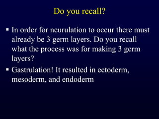 Do you recall?In order for neurulation to occur there must already be 3 germ layers. Do you recall what the process was for making 3 germ layers?Gastrulation! It resulted in ectoderm, mesoderm, and endoderm