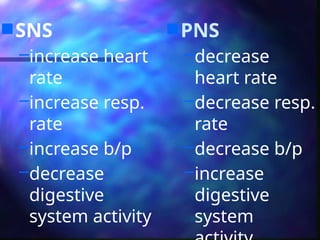  SNS
–increase heart
rate
–increase resp.
rate
–increase b/p
–decrease
digestive
system activity
 PNS
–decrease
heart rate
–decrease resp.
rate
–decrease b/p
–increase
digestive
system
 