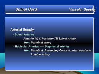 Spinal Cord
  Spinal Cord                               Vascular Supply
                                            Vascular Supply




Arterial Supply
Arterial Supply
 --Spinal Arteries
   Spinal Arteries
         Anterior (1) & Posterior (2) Spinal Artery
          Anterior (1) & Posterior (2) Spinal Artery
          from Vertebral artery
           from Vertebral artery
 --Radicular Arteries ----- Segmental arteries
    Radicular Arteries ----- Segmental arteries
          from Vertebral, Ascending Cervical, Intercostal and
           from Vertebral, Ascending Cervical, Intercostal and
               Lumbar Artery
                Lumbar Artery
 