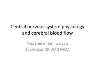 Central nervous system physiology
     and cerebral blood flow
       Prepared dr tam weiyaw
      Supervisor DR WAN NAZA
 