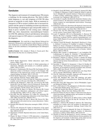16 M. A. Schaller et al.
Conclusion
The diagnosis and treatment of extrapulmonary TB remains
a challenge for the treating physician. The field of differ-
ential diagnoses is vast and symptoms of CNS TB often
present as unspecific in early stages. With an imminent re-
emergence of TB in western countries due to increased mi-
gration and the spread of multidrug-resistant mycobacteria,
the knowledge of radiological signs and possible mimics is
likely to prove valuable over the coming years. Although
MRI may show characteristic neuroradiological features
for CNS TB, additional clinical and laboratory information
with special respect to CSF analysis is essential to establish
the diagnosis.
Acknowledgements We would like to thank Michael Nichtweiß for
generously offering advice and expertise within the process of this re-
view. Furthermore, we would like to thank Marlies Wagner and Patrick
Harter for the kind contribution of histopathological and radiological
images.
Conflict of interest M.A. Schaller, F. Wicke, C. Foerch and S. Wei-
dauer declare that they have no competing interests.
References
1. World Health Organization. Global tuberculosis report 2016.
Geneva: WHO; 2016.
2. Raviglione MC, Snider DE Jr, Kochi A. Global epidemiology of
tuberculosis. Morbidity and mortality of a worldwide epidemic.
JAMA. 1995;273:220–6.
3. Bernaerts A, Vanhoenacker FM, Parizel PM, Van Goethem JW, Van
Altena R, Laridon A, De Roeck J, Coeman V, De Schepper AM.
Tuberculosis of the central nervous system: overview of neuroradi-
ological findings. Eur Radiol. 2003;13:1876–90.
4. World Health Organization. Global tuberculosis control: surveil-
lance, planning, financing. Geneva: WHO; 2004.
5. Verdon R, Chevret S, Laissy JP, Wolff M. Tuberculous meningitis
in adults: review of 48 cases. Clin Infect Dis. 1996;22:982–8.
6. Wilkinson RJ, Rohlwink U, Misra UK, van Crevel R, Mai NTH,
Dooley KE, Caws M, Figaji A, Savic R, Solomons R, Thwaites GE;
Tuberculous Meningitis International Research Consortium. Tuber-
culous meningitis. Nat Rev Neurol. 2017;13:581–98.
7. Rock RB, Olin M, Baker CA, Molitor TW, Peterson PK. Central
nervous system tuberculosis: pathogenesis and clinical aspects.
Clin Microbiol Rev. 2008;21:243–61. table of contents.
8. Peto HM, Pratt RH, Harrington TA, LoBue PA, Armstrong LR.
Epidemiology of extrapulmonary tuberculosis in the United States,
1993–2006. Clin Infect Dis. 2009;49:1350–7.
9. El Sahly HM, Teeter LD, Pan X, Musser JM, Graviss EA. Mor-
tality associated with central nervous system tuberculosis. J Infect.
2007;55:502–9.
10. Kennedy DH, Fallon RJ. Tuberculous meningitis. JAMA. 1979;241:
264–8.
11. Thwaites GE, Schoeman JF. Update on tuberculosis of the central
nervous system: pathogenesis, diagnosis, and treatment. Clin Chest
Med. 2009;30:745–54.
12. Department of Health. Reported tuberculosis in the United States,
2013. 2014.
13. Phypers M, Harris T, Power C. CNS tuberculosis: a longitudinal
analysis of epidemiological and clinical features. Int J Tuberc Lung
Dis. 2006;10:99–103.
14. Hoşoğlu S, Geyik MF, Balik I, Aygen B, Erol S, Aygencel SG, Mert
A, Saltoğlu N, Dökmetaş I, Felek S, Sünbül M, Irmak H, Aydin K,
Ayaz C, Kökoğlu OF, Uçmak H, Satilmiş S. Tuberculous meningitis
in adults in Turkey: epidemiology, diagnosis, clinic and laboratory
[corrected]. Eur J Epidemiol. 2003;18:337-43.
15. Arvanitakis Z, Long RL, Hershfield ES, Manfreda J, Kabani A, Ku-
nimoto D, Power C. M. tuberculosis molecular variation in CNS in-
fection: evidence for strain-dependent neurovirulence. Neurology.
1998;50:1827–32.
16. Bishburg E, Sunderam G, Reichman LB, Kapila R. Central nervous
system tuberculosis with the acquired immunodeficiency syndrome
and its related complex. Ann Intern Med. 1986;105:210–3.
17. Thwaites GE, Tran TH. Tuberculous meningitis: many questions,
too few answers. Lancet Neurol. 2005;4:160–70.
18. Lesprit P, Zagdanski AM, de La Blanchardière A, Rouveau M,
Decazes JM, Frija J, Lagrange P, Modaï J, Molina JM. Cerebral
tuberculosis in patients with the acquired immunodeficiency syn-
drome (AIDS). Report of 6 cases and review. Medicine (Baltimore).
1997;76:423–31.
19. Askling J, Fored CM, Brandt L, Baecklund E, Bertilsson L, Cöster
L, Geborek P, Jacobsson LT, Lindblad S, Lysholm J, Rantapää-
Dahlqvist S, Saxne T, Romanus V, Klareskog L, Feltelius N. Risk
and case characteristics of tuberculosis in rheumatoid arthritis asso-
ciated with tumor necrosis factor antagonists in Sweden. Arthritis
Rheum. 2005;52:1986–92.
20. Mackert BM, Conradi J, Loddenkemper C, van Landeghem FK,
Loddenkemper R, Ignatius R, Schneider T. Neurotuberculosis:
a continuing clinical challenge. Nervenarzt. 2008;79:153–66.
21. Berenguer J, Moreno S, Laguna F, Vicente T, Adrados M, Ortega
A, González-LaHoz J, Bouza E. Tuberculous meningitis in patients
infected with the human Immunodeficiency virus. N Engl J Med.
1992;326:668–72.
22. Ducomble T, Tolksdorf K, Karagiannis I, Hauer B, Brodhun B,
Haas W, Fiebig L. The burden of extrapulmonary and meningitis tu-
berculosis: an investigation of national surveillance data, Germany,
2002 to 2009. Euro Surveill. 2013;18(12):20436.
23. Keane J. TNF-blocking agents and tuberculosis: new drugs illumi-
nate an old topic. Rheumatology. 2005;44:714–20.
24. Chin JH. Tuberculous meningitis: diagnostic and therapeutic chal-
lenges. Neurol Clin Pract. 2014;4:199–205.
25. Dastur DK, Manghani DK, Udani PM. Pathology and patho-
genetic mechanisms in neurotuberculosis. Radiol Clin North Am.
1995;33:733–52.
26. Rom WN, Garay SM. Tuberculosis. 2nd ed. Philadelphia: Lippin-
cott Williams  Wilkins; 2004.
27. Rich A, McCordock H. The pathogenesis of tuberculous meningi-
tis. Bull Johns Hopkins Hosp. 1933;52:5–37.
28. Ropper AH, Samuels MA, Klein JP. Adams and Victor’s Principles
of Neurology. 10th ed. New York: McGraw-Hill; 2014.
29. Kumar R, Pandey CK, Bose N, Sahay S. Tuberculous brain abscess:
clinical presentation, pathophysiology and treatment (in children).
Childs Nerv Syst. 2002;18:118–23.
30. Garcia-Monco JC. Tuberculosis. In: Biller J, Ferro J, editors. Handb
Clin Neurol. Neurol Asp Syst Dis Part III. 3rd Series, Vol. 121.
Amsterdam: Elsevier; 2014.
31. Bidstrup C, Andersen PH, Skinhøj P, Andersen AB. Tuberculous
meningitis in a country with a low incidence of tuberculosis: still
a serious disease and a diagnostic challenge. Scand J Infect Dis.
2002;34:811–4.
32. Andronikou S, Smith B, Hatherhill M, Douis H, Wilmshurst J.
Definitive neuroradiological diagnostic features of tuberculous
meningitis in children. Pediatr Radiol. 2004;34:876–85.
33. Thwaites G, Fisher M, Hemingway C, Scott G, Solomon T, Innes
J; British Infection Society. British Infection Society guidelines for
the diagnosis and treatment of tuberculosis of the central nervous
system in adults and children. J Infect. 2009;59:167–87.
K
 
