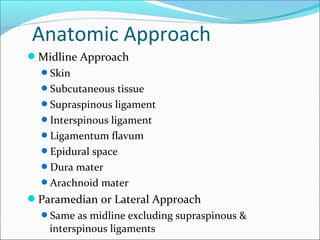 Midline Approach
Skin
Subcutaneous tissue
Supraspinous ligament
Interspinous ligament
Ligamentum flavum
Epidural space
Dura mater
Arachnoid mater
Paramedian or Lateral Approach
Same as midline excluding supraspinous &
interspinous ligaments
Anatomic Approach
 