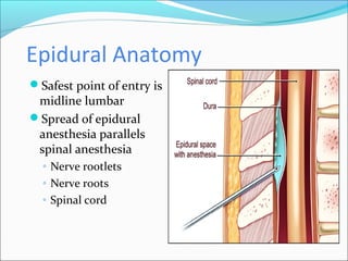 Epidural Anatomy
Safest point of entry is
midline lumbar
Spread of epidural
anesthesia parallels
spinal anesthesia
◦ Nerve rootlets
◦ Nerve roots
◦ Spinal cord
 