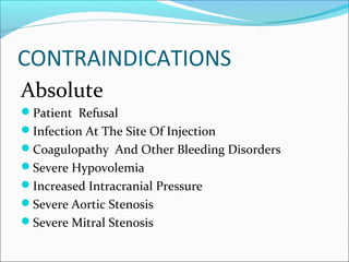 CONTRAINDICATIONS
Absolute
Patient Refusal
Infection At The Site Of Injection
Coagulopathy And Other Bleeding Disorders
Severe Hypovolemia
Increased Intracranial Pressure
Severe Aortic Stenosis
Severe Mitral Stenosis
 