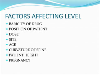 FACTORS AFFECTING LEVEL
 BARICITY OF DRUG
 POSITION OF PATIENT
 DOSE
 SITE
 AGE
 CURVATURE OF SPINE
 PATIENT HEIGHT
 PREGNANCY
 
