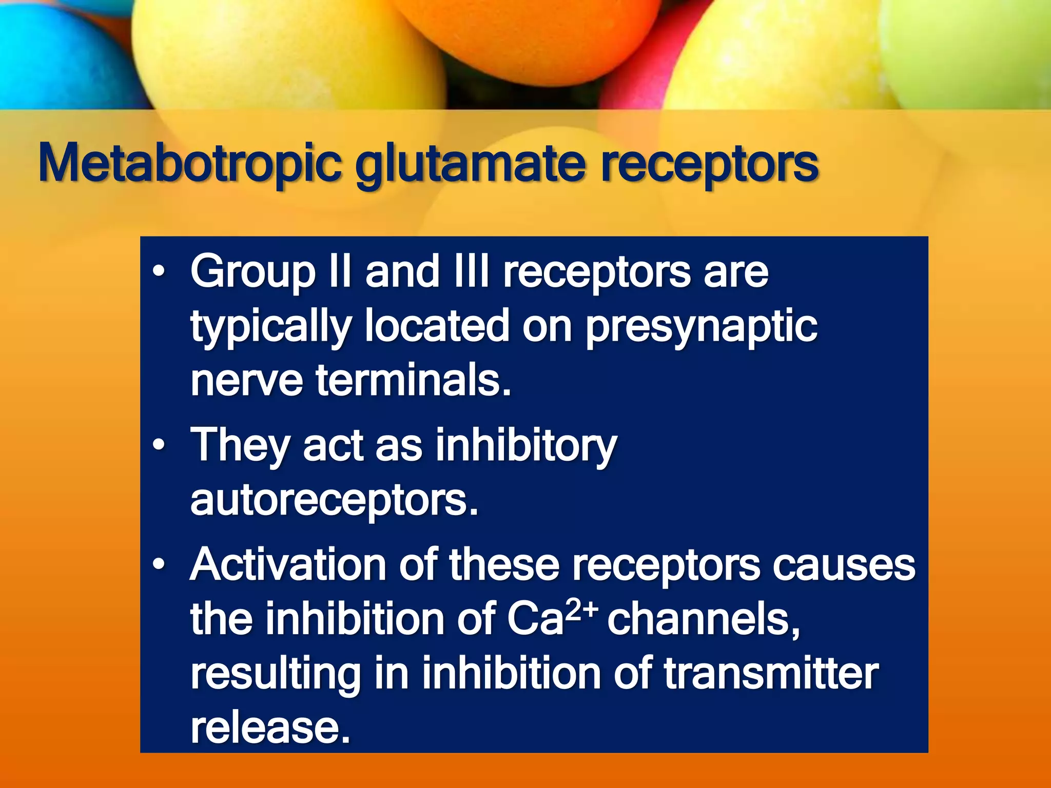 Metabotropic glutamate receptors
• Group II and III receptors are
typically located on presynaptic
nerve terminals.
• They act as inhibitory
autoreceptors.
• Activation of these receptors causes
the inhibition of Ca2+ channels,
resulting in inhibition of transmitter
release.
 
