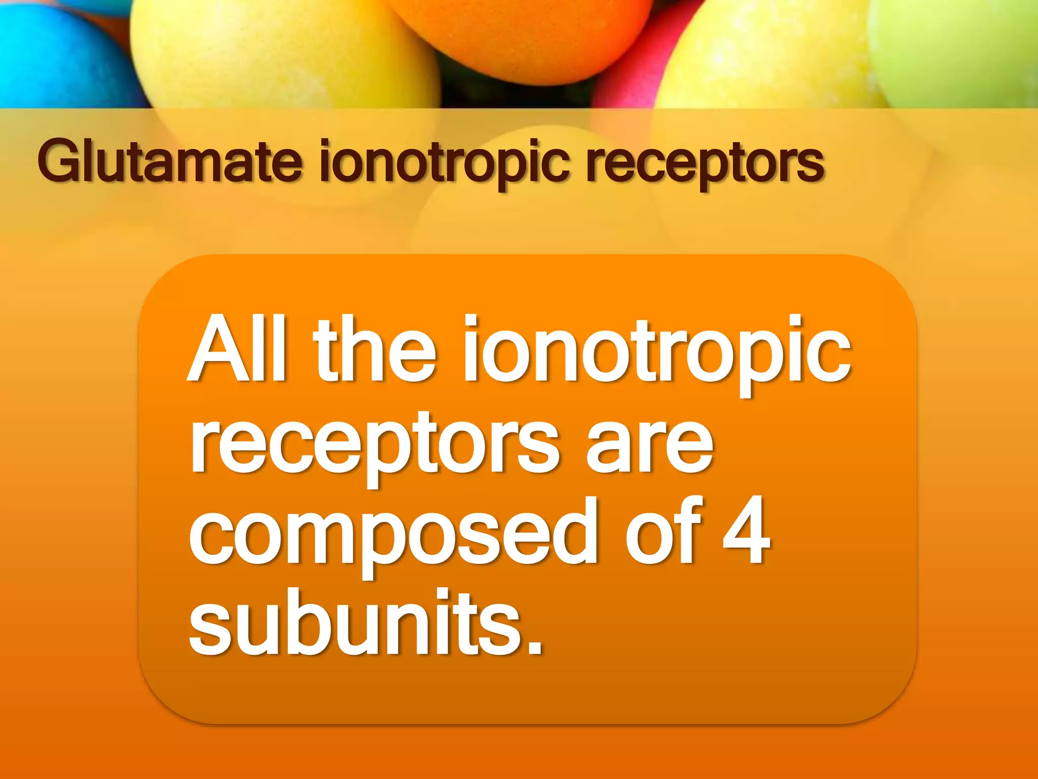 Glutamate ionotropic receptors
All the ionotropic
receptors are
composed of 4
subunits.
 