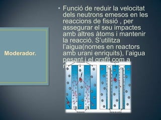 • Funció de reduir la velocitat
  dels neutrons emesos en les
  reaccions de fissió , per
  assegurar el seu impactes
  amb altres àtoms i mantenir
  la reacció. S’utilitza
  l’aigua(nomes en reactors
  amb urani enriquits), l’aigua
  pesant i el grafit com a
  moderants.
 
