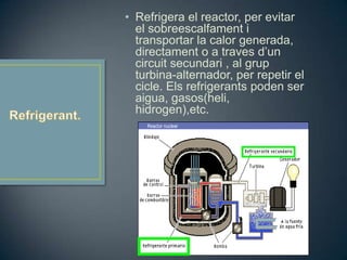 • Refrigera el reactor, per evitar
  el sobreescalfament i
  transportar la calor generada,
  directament o a traves d’un
  circuit secundari , al grup
  turbina-alternador, per repetir el
  cicle. Els refrigerants poden ser
  aigua, gasos(heli,
  hidrogen),etc.
 