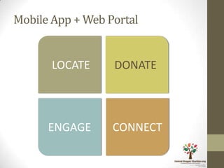 Mobile App + Web Portal


       LOCATE     DONATE




      ENGAGE      CONNECT
 