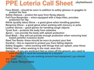 Face Shield – should be worn in addition to safety glasses or goggles to
protect the face
Safety Glasses – protect the eyes from flying objects
Full Face Respirator – when equipped with a Hepa filter, provides
protection for lbp
Nitrile (quality latex) Glove – a good glove when handling gasoline
Neoprene Glove - a great glove when working with mercury or pcbs
Leather Gloves – good gloves for handling rough objects
Tyvek Suit – protects the body from asbestos
Apron – can provide the body with splash protection
Dust Mask – this will not provide enough protection when removing lead
based paint/for nuisance dusts
Steel Toe Boots- these should be worn to protect your feet
Hardhat – this is required to protect you from falling objects
Safety Goggles – when working with things that can splash, wear these
Safety Vest – when working in the road, wear this
Harness – if you are working 6 feet or more off the ground, you need to
wear this and it must be connected to a lanyard
Ear Plugs – If you are working around loud equipment, you should
use these
1⁄2 Face Respirator
 