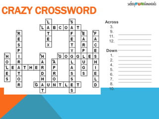 Across
3.
9.
11.
12.
Down
1.
2.
4.
5.
6.
7.
8.
10.
CRAZY CROSSWORD
 