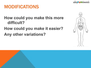 How could you make this more
difficult?
How could you make it easier?
Any other variations?
MODIFICATIONS
 