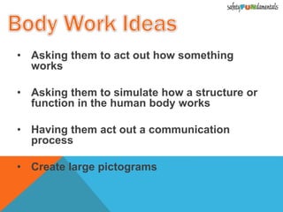 • Asking them to act out how something
works
• Asking them to simulate how a structure or
function in the human body works
• Having them act out a communication
process
• Create large pictograms
 