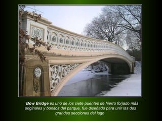 Bow Bridge  es uno de los siete puentes de hierro forjado más originales y bonitos del parque, fue diseñado para unir las dos grandes secciones del lago  