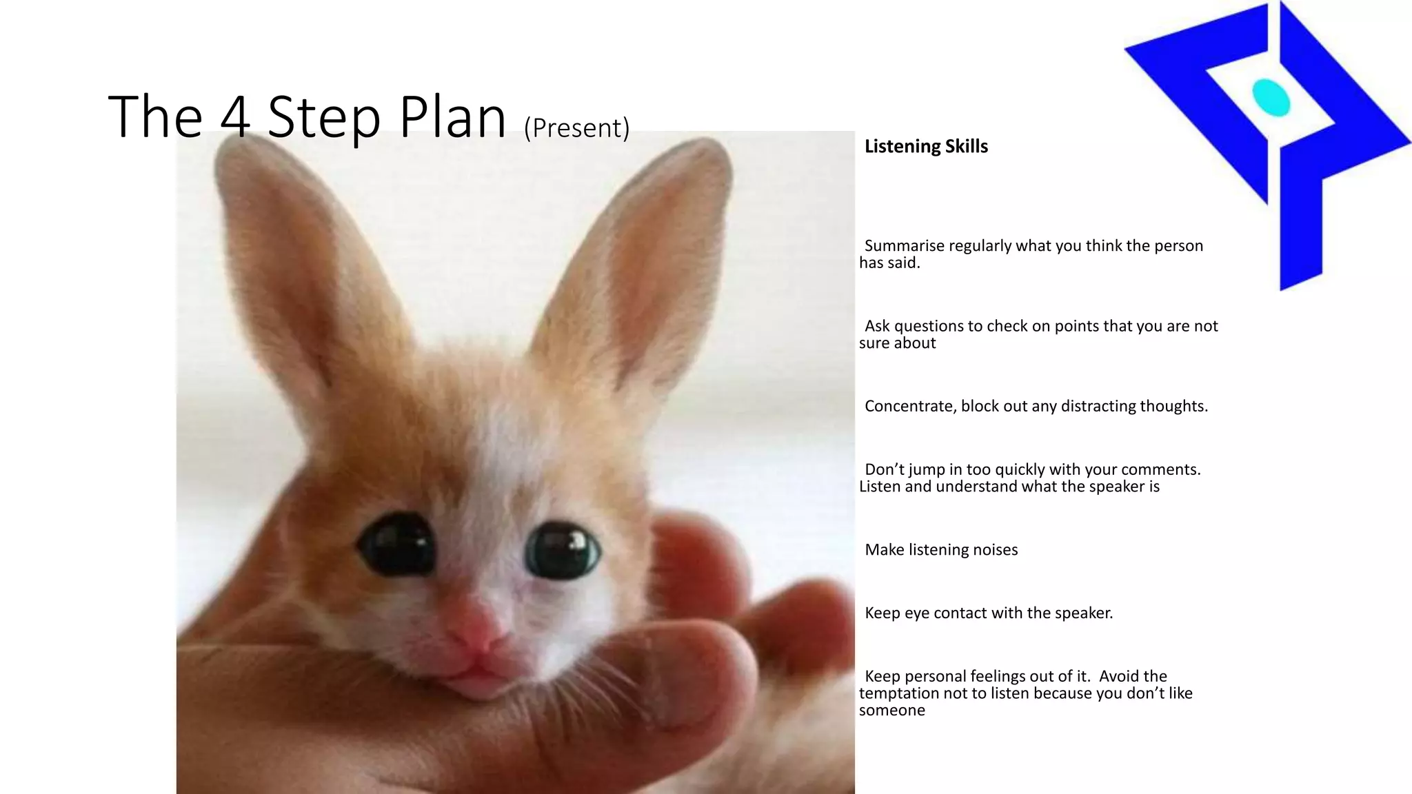 The 4 Step Plan (Present)
Listening Skills
Summarise regularly what you think the person
has said.
Ask questions to check on points that you are not
sure about
Concentrate, block out any distracting thoughts.
Don’t jump in too quickly with your comments.
Listen and understand what the speaker is
Make listening noises
Keep eye contact with the speaker.
Keep personal feelings out of it. Avoid the
temptation not to listen because you don’t like
someone
 