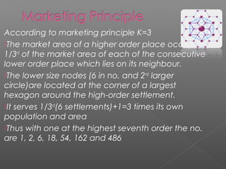 According to marketing principle K=3
The market area of a higher order place occupies
1/3rd
of the market area of each of the consecutive
lower order place which lies on its neighbour.
The lower size nodes (6 in no. and 2nd
larger
circle)are located at the corner of a largest
hexagon around the high-order settlement.
It serves 1/3rd
(6 settlements)+1=3 times its own
population and area
Thus with one at the highest seventh order the no.
are 1, 2, 6, 18, 54, 162 and 486
 