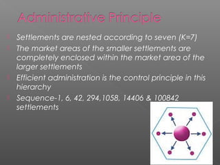  Settlements are nested according to seven (K=7)
 The market areas of the smaller settlements are
completely enclosed within the market area of the
larger settlements
 Efficient administration is the control principle in this
hierarchy
 Sequence-1, 6, 42, 294,1058, 14406 & 100842
settlements
 