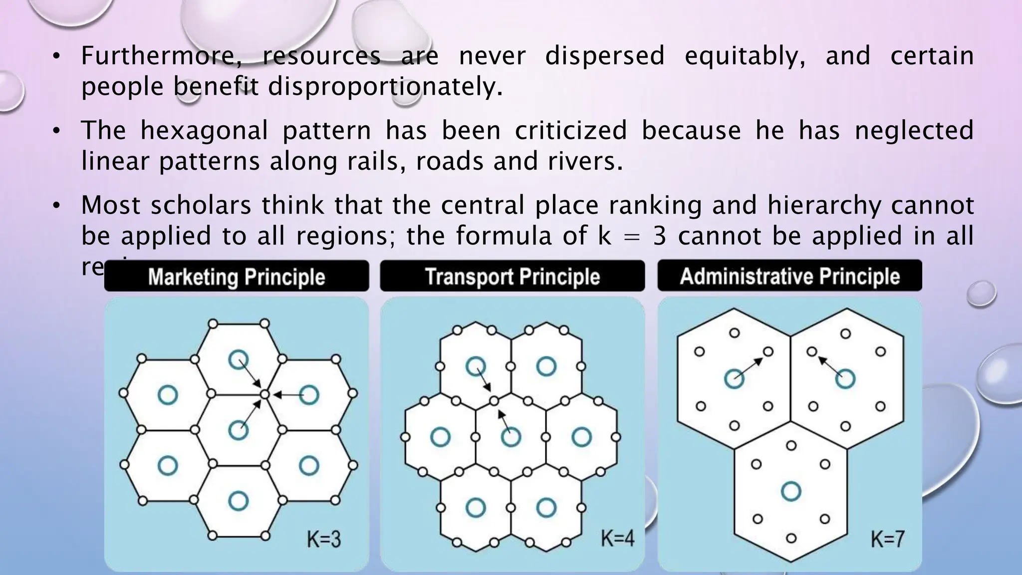 • Furthermore, resources are never dispersed equitably, and certain
people benefit disproportionately.
• The hexagonal pattern has been criticized because he has neglected
linear patterns along rails, roads and rivers.
• Most scholars think that the central place ranking and hierarchy cannot
be applied to all regions; the formula of k = 3 cannot be applied in all
regions.
 