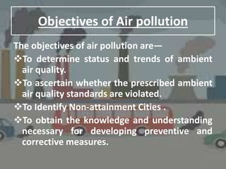 Objectives of Air pollution
The objectives of air pollution are—
To determine status and trends of ambient
air quality.
To ascertain whether the prescribed ambient
air quality standards are violated.
To Identify Non-attainment Cities .
To obtain the knowledge and understanding
necessary for developing preventive and
corrective measures.
 