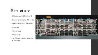 Structure
• Floor Area:103,305m^2
• Super structure: 7 Levels
• Infrastructure: 3 Levels
• 42m tall
• 166m long
• 60m wide
• 50,000m^3 of Reinforced
Concrete
 